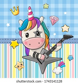 Cute cartoon rock unicorn with a guitar on a blue background