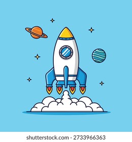 Eine süße Cartoon-Rakete, die von Wolken in einen Sternenhimmel mit Planeten abstrahlt und die Weltraumforschung und -abenteuer symbolisiert.