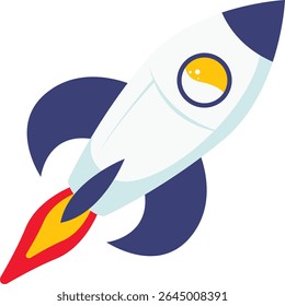 Cute cartoon rocket with blue fins and red flame, angled upward in motion, great for futuristic, educational, or kids space artwork.