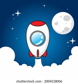 cute cartoon rocket for children and scrap book, cute rocket with moon and stars in beautiful night