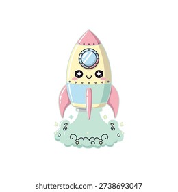 Cute cartoon rocket with face and pastel colors launching from cloud