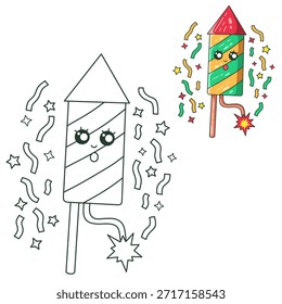 Linda Ilustración vectorial de fuegos artificiales de cohetes de dibujos animados con estilo de arte de línea y versión de color. Bueno para los niños
