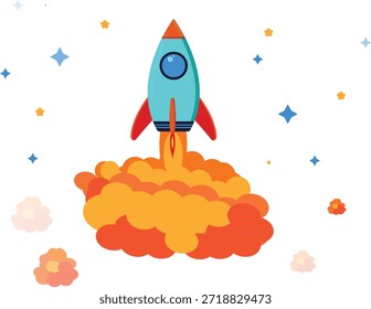 Cute cartoon rocket flying in space and sky with stars clouds and moon vector illustration