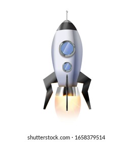 Cute cartoon rocket with illuminators and hot bright fire from nozzle, flying spaceship isolated on white