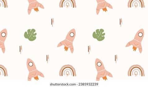 Cute cartoon rocket pattern. Children's illustration pastel color. Vector seamless pattern for children's wallpaper, fabrics, clothing.