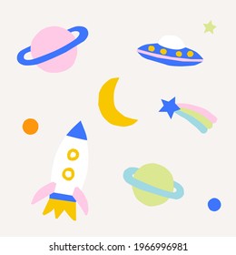 Cute cartoon rocket, planet, moon, stars. Cosmic space pattern for fabric, nursery, kids clothes. Paper cut out style vector illustration.