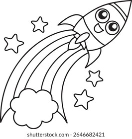 Cute cartoon rocket ship with a happy face flying through space with stars and a cloud
