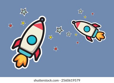 Cute cartoon rocket and spaceship illustration of children's favorite alien in outer space with stars and moon