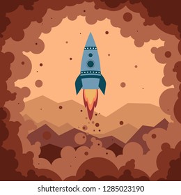 Cute cartoon rocket starts from the surface of Mars in clouds of smoke and red dust. Small turquoise rocket with two round portholes. Red Martian mountains in the background