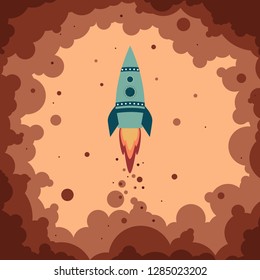 Cute cartoon rocket starts from the surface of Mars in clouds of smoke and red dust. Small turquoise rocket with two round portholes.