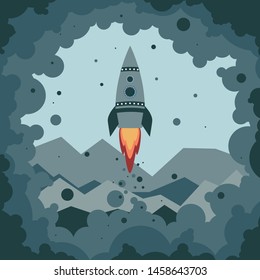 Cute cartoon rocket starts from the surface of the distant planets in clouds of smoke and blue dust. Small turquoise rocket with two round portholes. Blue stranger mountains in the background