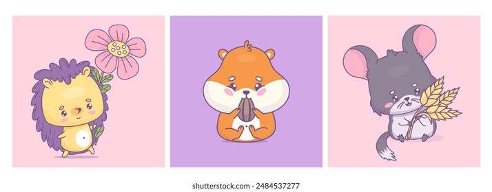 Cute cartoon rodent set. Funny hamster with seed, chinchilla with ears of wheat and happy hedgehog with flower. Isolated kawaii animal character. Vector illustration. Kids collection.