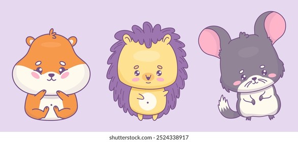 Roedores bonitos de desenhos animados. Hamster engraçado, chinchila e ouriço feliz. Caractere animal kawaii isolado. Ilustração vetorial. Coleção Kids.