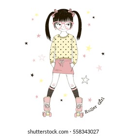 cute cartoon roller girl , kid illustration