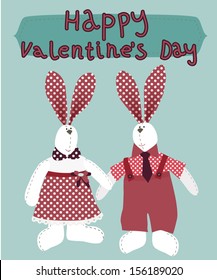 Cute cartoon romantic card in vector. Funny couple rabbits. Happy Valentines day card