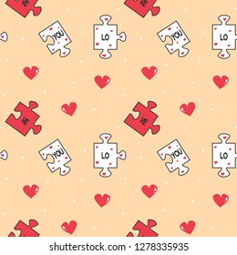 cute cartoon romantic seamless vector pattern background illustration with puzzle pieces and hearts