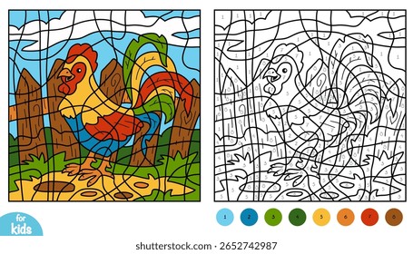 Cute desenhos animados galo pássaro cor por número página para crianças. Cerca de madeira e grama no fundo. Jogo de atividade divertida e educacional para crianças de pré-escola e jardim de infância para aprender números e cor