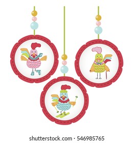 Cute cartoon rooster character illustration. Calendar template for creating a calendar with funny cocks. Symbol of 2017 red rooster Chinese New Year