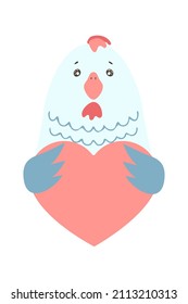 Cute cartoon rooster chicken bird holds a heart sign with copy space. set valentine's day greeting card banner invitation flyer brochure. cartoon hand drawn style. Little animals pets in love