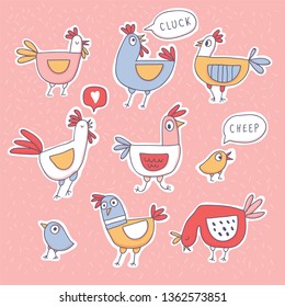 Cute cartoon rooster, chicken and hen family. Farm stickers set with chicken in doodle sketchy style. Childish print for nursery, kids apparel, poster, postcard. Vector Illustration - Vector