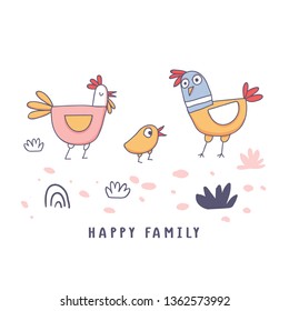 Cute cartoon rooster, chicken and hen family in doodle sketchy style. Childish print for nursery, kids apparel, poster, postcard. Vector Illustration - Vector