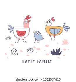 Cute cartoon rooster, chicken and hen family in doodle sketchy style. Childish print for nursery, kids apparel, poster, postcard. Vector Illustration - Vector