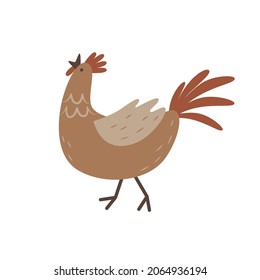 Cute cartoon rooster crowing. Natural poultry and livestock. Breeding of farm animals and birds. Simple flat icon. Illustration for children's educational books and games. Clipart for design.