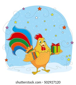 Cute cartoon rooster with gift