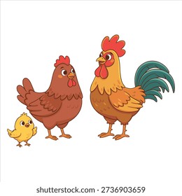 Cute Cartoon Rooster Hen and Chick Family Illustration