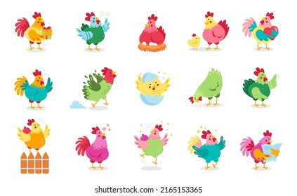 Cute cartoon rooster, hen and chicks isolated on white background. Bundle of chicken with brood. Childish lovely domestic fowl or poultry birds. Vector illustration