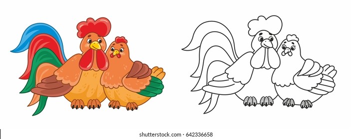 Cute cartoon rooster with hen. Vector illustration for kids