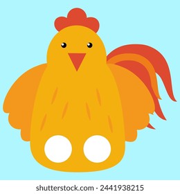 Cute cartoon rooster isolated on blue background. Vector illustration.