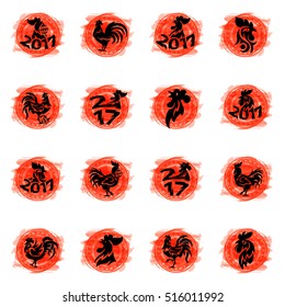 Cute cartoon rooster logo icons illustration. New Year 2017 badges isolated on background. Bird symbol, cock farm animal vector