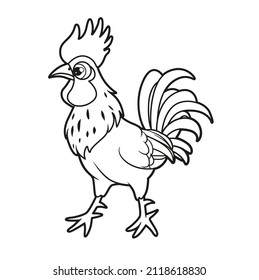 Cute cartoon rooster looks ahead outlined for coloring book on white background
