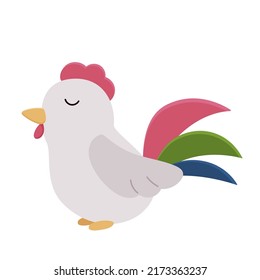 Cute cartoon rooster on white background. Kawaii farm animals. Bird character. Flat style vector illustration.