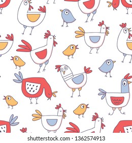 Cute cartoon rooster seamless pattern in doodle sketchy style. Childish print for nursery, kids apparel, poster, postcard. Vector Illustration - Vector