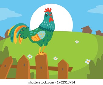 Cute cartoon rooster sitting on fence in village. Domestic multicolored bird on farm in summer flat vector illustration. Countryside, nature, farm, summer, agriculture concept