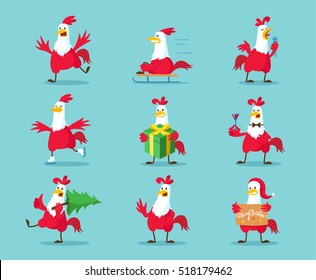 Cute cartoon rooster vector clipart. Funny red cock, the symbol of New Year 2017, in different poses.