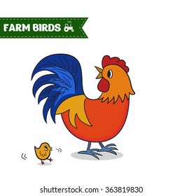Cute cartoon rooster vector illustration, isolated on background. Rooster, cock farm bird. 