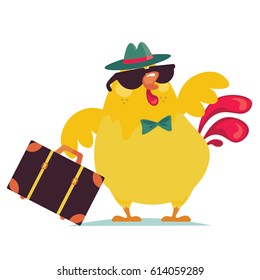 Cute cartoon rooster vector illustration. Funny yellow roosters for Happy Easter card or decor. Cock, farm animal the symbol of New Year