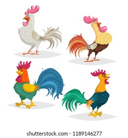 Cute cartoon roosters different breeds set. Comic style cocks with shadows. Farm animals in flat with simple gradients. Vector illustrations. 