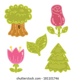 Cute cartoon rose, tulip, tree, oak set. Vector illustration