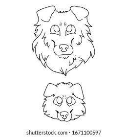 Cute cartoon rough collie dog and puppy faces monochrome vector clipart. Pedigree kennel sheepdog lineart. Purebred domestic puppy for pet parlor illustration mascot. Isolated canine fluffy. EPS 10. 