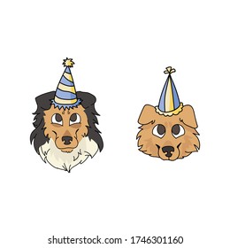 Cute cartoon rough collie dog and puppy face with party hat vector clipart. Pedigree kennel sheepdog for dog lovers. Purebred domestic puppy for celebration illustration mascot. Isolated canine.