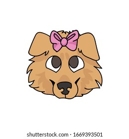 Cute cartoon rough collie puppy dog face with pink bow vector clipart. Pedigree kennel sheepdog for dog lovers. Purebred domestic puppy for pet parlor illustration mascot. Isolated canine.