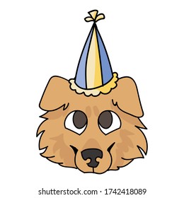 Cute cartoon rough collie puppy face with party hat vector clipart. Pedigree kennel sheepdog for dog lovers. Purebred domestic dog for celebration illustration mascot. Isolated canine fluffy. EPS 10 