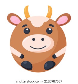 Cute cartoon round animal cow face, vector zoo sticker isolated on white background. Vector illustration