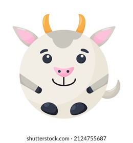 Cute cartoon round animal goat face, vector zoo sticker isolated on white background.