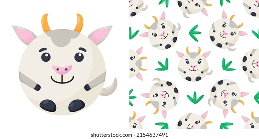 Cute cartoon round animal goat face, vector zoo sticker isolated on white background. 