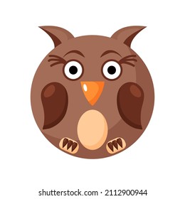 Cute cartoon round animal owl face, vector zoo sticker isolated on white background.